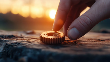 Industrial meets nature: gear on wood, hand, and glowing sunsetの素材