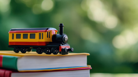 Kids toy train on a neat pile of books, green blurred background suggesting growth and knowledgeの素材