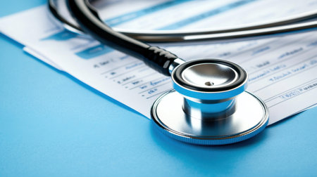 Health diagnostics tools including stethoscope and report paper arranged neatly on blueの素材