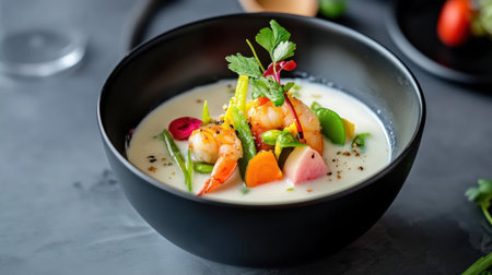 Gourmet-style shrimp soup in coconut milk with vibrant Thai ingredientsの素材