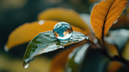 Macro shot of a water droplet shaped like the Earth, clinging to a fresh leaf in natureの素材