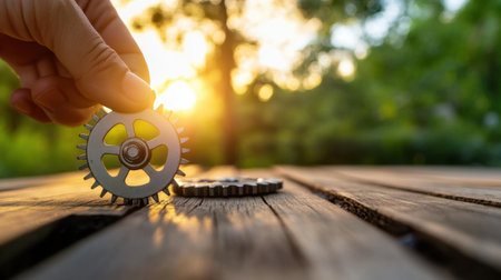 Human hand gripping a metal gear on wooden surface, sunset glow behindの素材