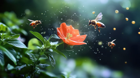 In-flight honey bees with natural garden blur creating a dreamy effectの素材