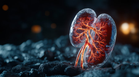 Highly detailed kidney with arteries and veins displayed on dramatic dark backdropの素材