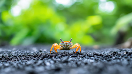 Lone crab navigating black sand with blurred jungle green backgroundの素材
