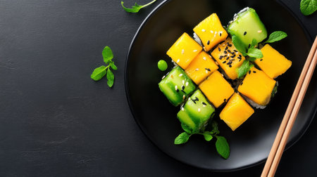 Mango-topped sushi rolls on black ceramic plate with wasabi and ginger, chopsticks besideの素材