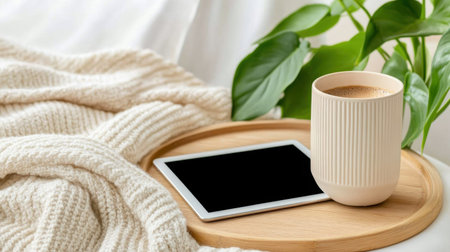 Organized table with tablet, ceramic cup, and plant, clean modern lookの素材