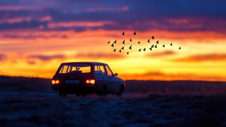 Horizon aglow as birds pass above a resting car silhouetteの素材