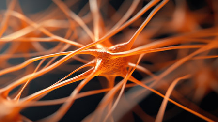 Long axon extensions of bright orange neurons creating a vivid pattern on blackの素材