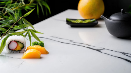 Mango sushi paired with pickled radish and wasabi on elegant marble countertopの素材