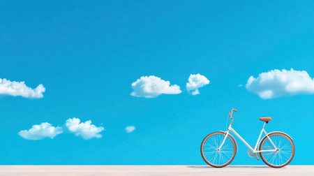 Minimal white bicycle against a vibrant blue sky with cartoon-like white cloudsの素材