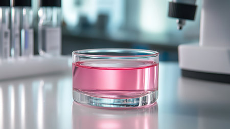 Medical research setup: soft pink fluid in round clear dish on clean light lab surfaceの素材