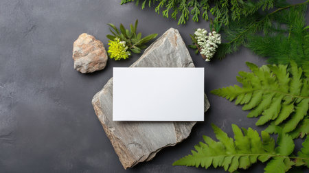 Natural branding concept with card on weathered stone and botanical detailsの素材