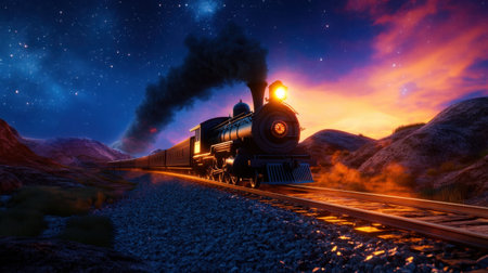 Intense night shot of locomotive escaping infernal gateway, under glowing starsの素材