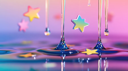 Rainbow-hued fluid dripping slowly with cut-out stars floating on the surface, abstract surreal art styleの素材
