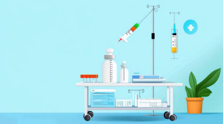 Minimalist healthcare design with medical tools and data sheet on pastel blue backgroundの素材