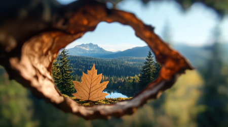 Leafy lens: dried leaf used as frame to showcase scenic wilderness viewの素材