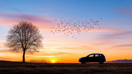 Peaceful sunset scene with parked car outline and flock of birds in motionの素材