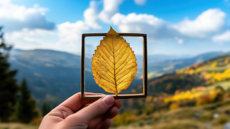 Nature framing: dry leaf with window to vibrant hill view, held by handの素材