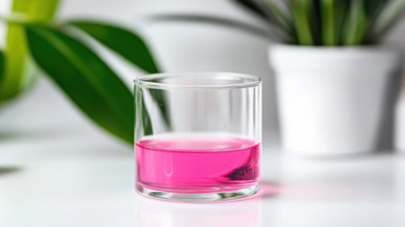 Modern scientific look: clear petri dish holding pink liquid on light neutral backdropの素材
