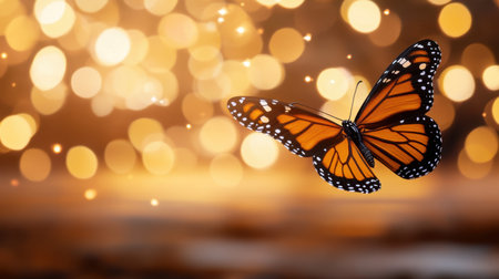Monarch butterfly gracefully flying mid-air, wings open wide, soft orange glow backgroundの素材