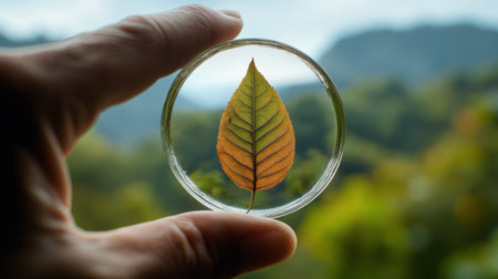 Nature-framed vision: dry leaf in hand revealing forest hills behindの素材