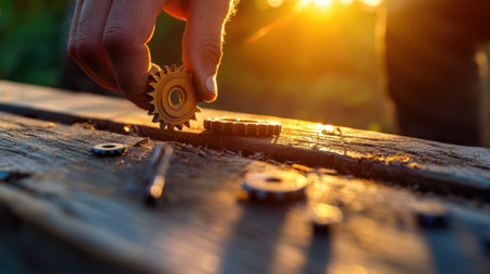 Industrial meets nature: gear on wood, hand, and glowing sunsetの素材