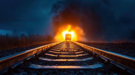 Portal of fire opens on train tracks, a vintage train charges through in dramatic night sceneの素材
