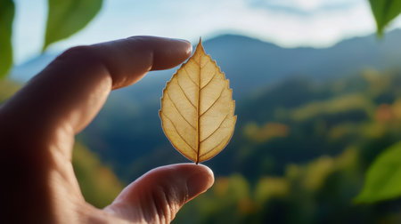 Nature-framed vision: dry leaf in hand revealing forest hills behindの素材