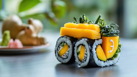 Mango and rice sushi rolls with seaweed and pickled ginger on designer tableの素材