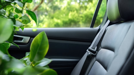 Modern car interior with secure seatbelt, framed by leafy green landscapeの素材