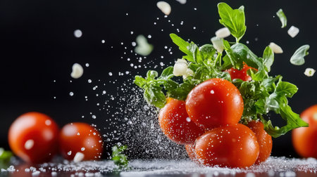 Mid-air ingredients for tomato salad captured against dramatic dark backgroundの素材