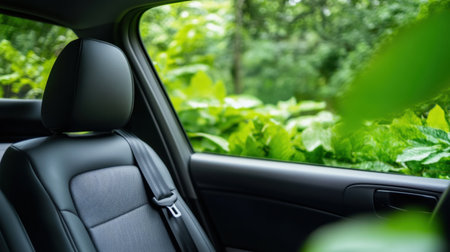 Modern car interior with secure seatbelt, framed by leafy green landscapeの素材