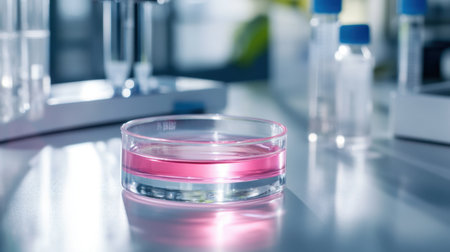 Medical research setup: soft pink fluid in round clear dish on clean light lab surfaceの素材