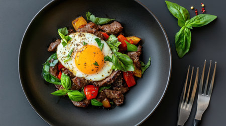 Plated stir fry beef with egg yolk center and fresh basil aromaの素材
