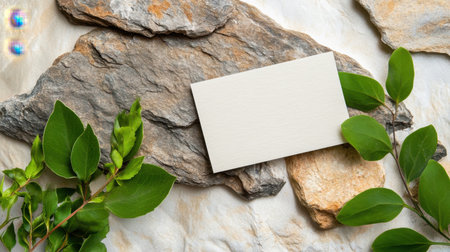 Natural branding concept with card on weathered stone and botanical detailsの素材