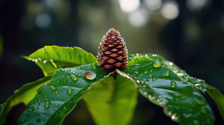 Pine cone glistening with morning dew on a rich green leaf in serene forest settingの素材