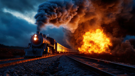 Night scene with train engine erupting from burning vortex, smoke and fire trailing behindの素材