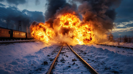 Portal ablaze as a train crashes through at midnight, steam and fire colliding with the cold airの素材