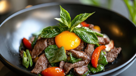 Plated stir fry beef with egg yolk center and fresh basil aromaの素材