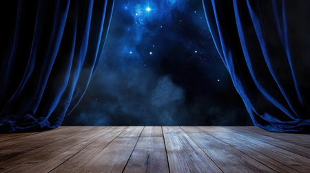 Mystical atmosphere with navy curtains unveiling stars and nebulae over an old wooden floorの素材