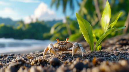 Nature macro: crab with detailed shell on beach, tropical foliage blurredの素材