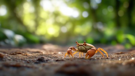 Realistic detail of crab on sand with shallow depth of field and forest tonesの素材
