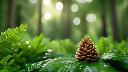 Natural still life: pine cone on wet green foliage, soft sunlight filtering through forest treesの素材