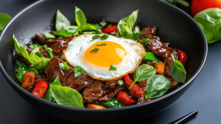 Rich beef stir fry with glossy sauce, fresh basil, and perfectly fried eggの素材