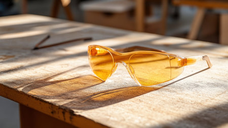 Protective eyewear on work surface, warm sunset casting long shadowsの素材