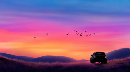 Road trip vibes with car shadow, birds flying through colorful twilight skyの素材