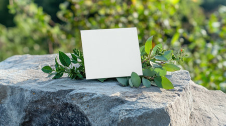 Simple design card nestled on stone slab with organic greenery accentsの素材