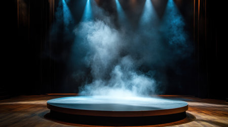 Round stage lit by intense spotlight, swirling smoke in center, theatrical moodの素材