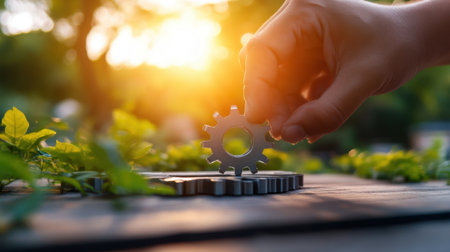 Tech and nature theme with gear on hand, wooden surface, sunset backdropの素材
